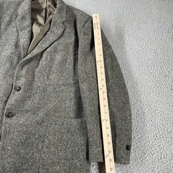 Vintage 70s Harris Tweed Scottish Wool Blazer Jacket Herringbone Leather Buttons